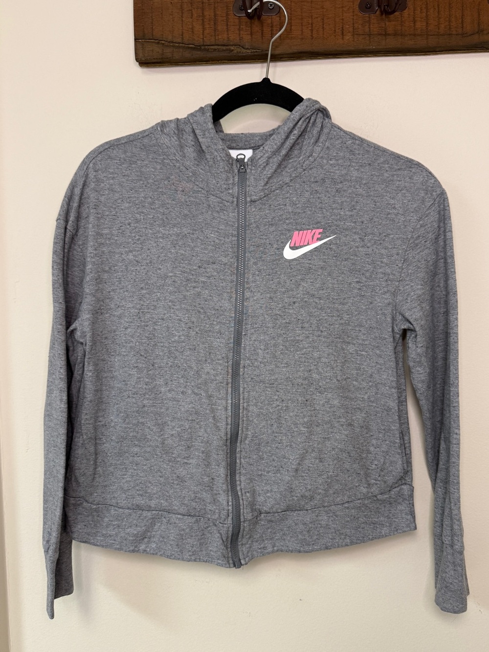 Nike: Girls Gray Full Zip Hoodie with Hot Pink / White Logo, Size L